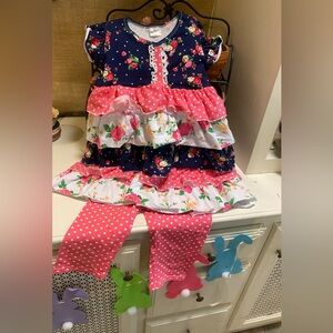 Girls Navy Floral & Pink Polka Dot Matching Set XL 8-10